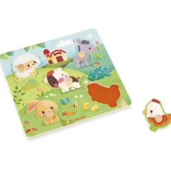 Puzzle tactile en bois 5 pièces - thème animaux de la ferme